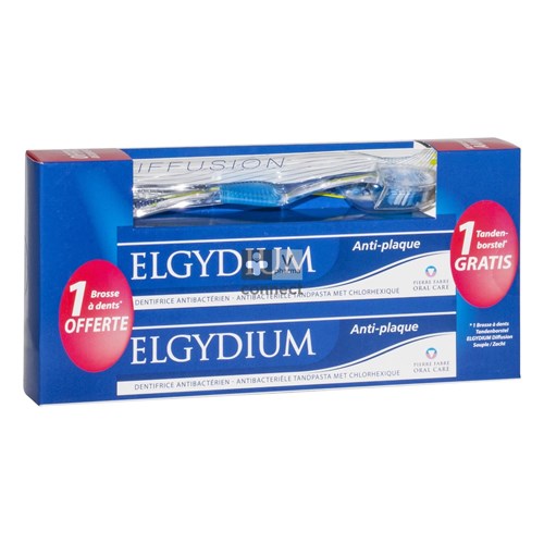 Elgydium Dentifrice Anti Plaque 2 x 100 g + Brosse à Dents Gratuite