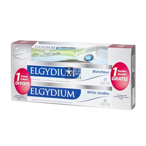 Elgydium Dentifrice Blancheur 2 x 75 ml + Brosse à Dents Gratuite