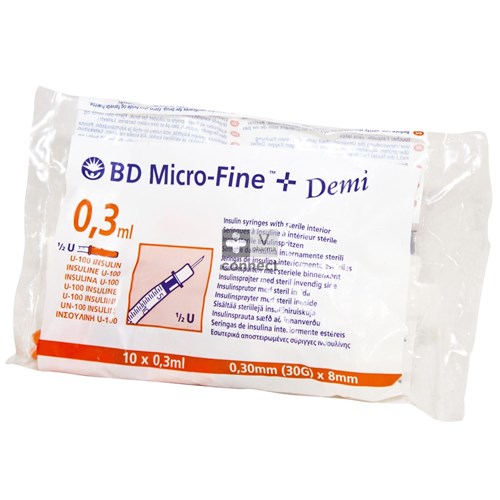Bd Microfine+ insulinespuiten met halve eenheid 0,3 ml 30 g 8 mm 10 stuks (324826