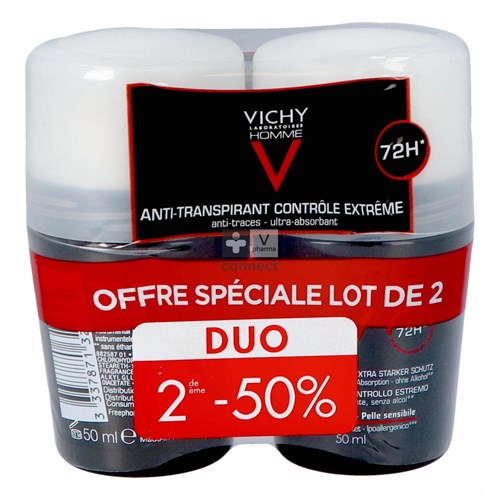 Vichy Homme Déodorant Anti Transpirant 72H Controle Extreme Roll-On 2 x 50 ml Prix Promo