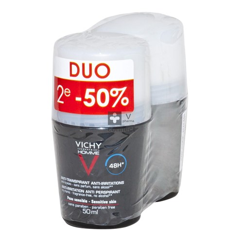 Vichy Homme Déodorant Anti Transpirant 48H Peau Sensible Roll-On 2 x 50 ml Promo