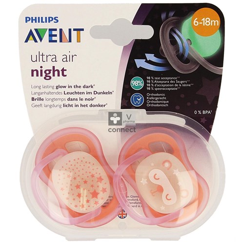 Avent Sucette Air Night Girl 6 Mois +  2 Pièces