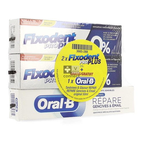 Fixodent Pro Plus 0% 2 x 40 g + Oral-B Dentifrice Repair 50 ml Gratuit